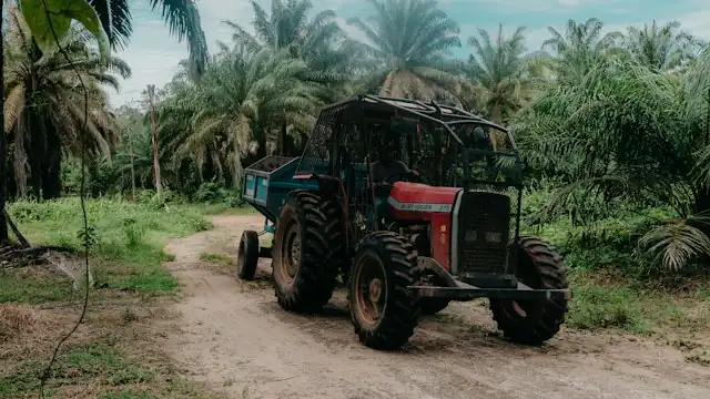 Traktor dan gerobak di jalan tanah kebun sawit