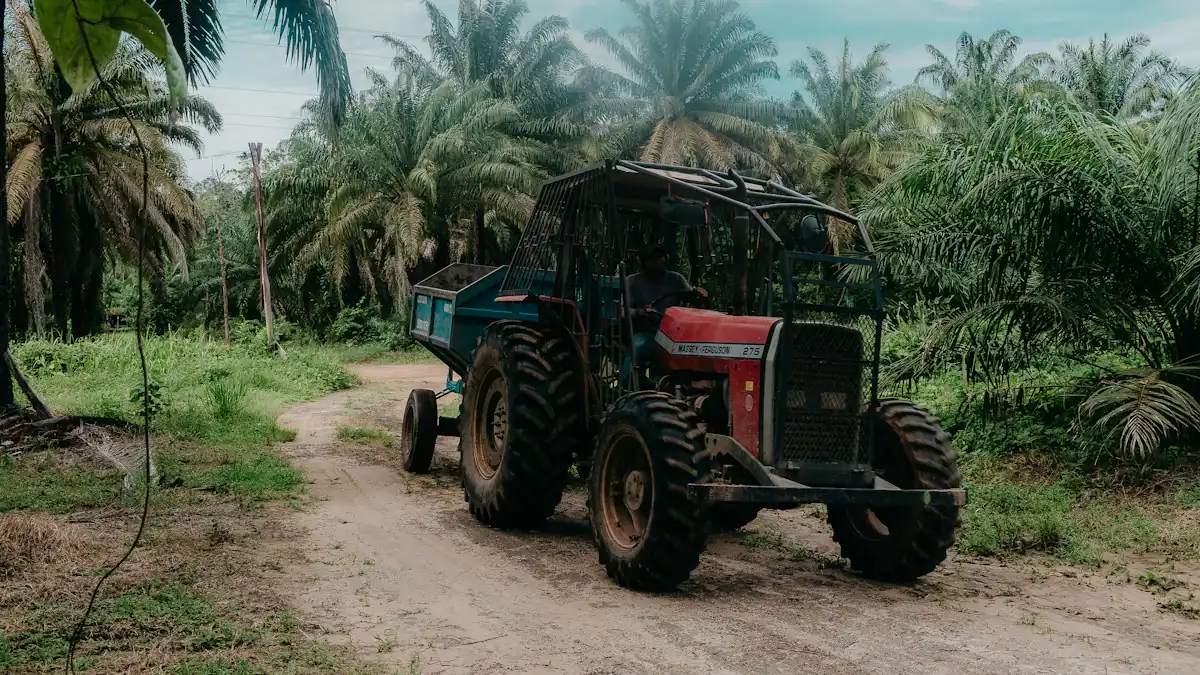 Traktor dan gerobak di jalan tanah kebun sawit