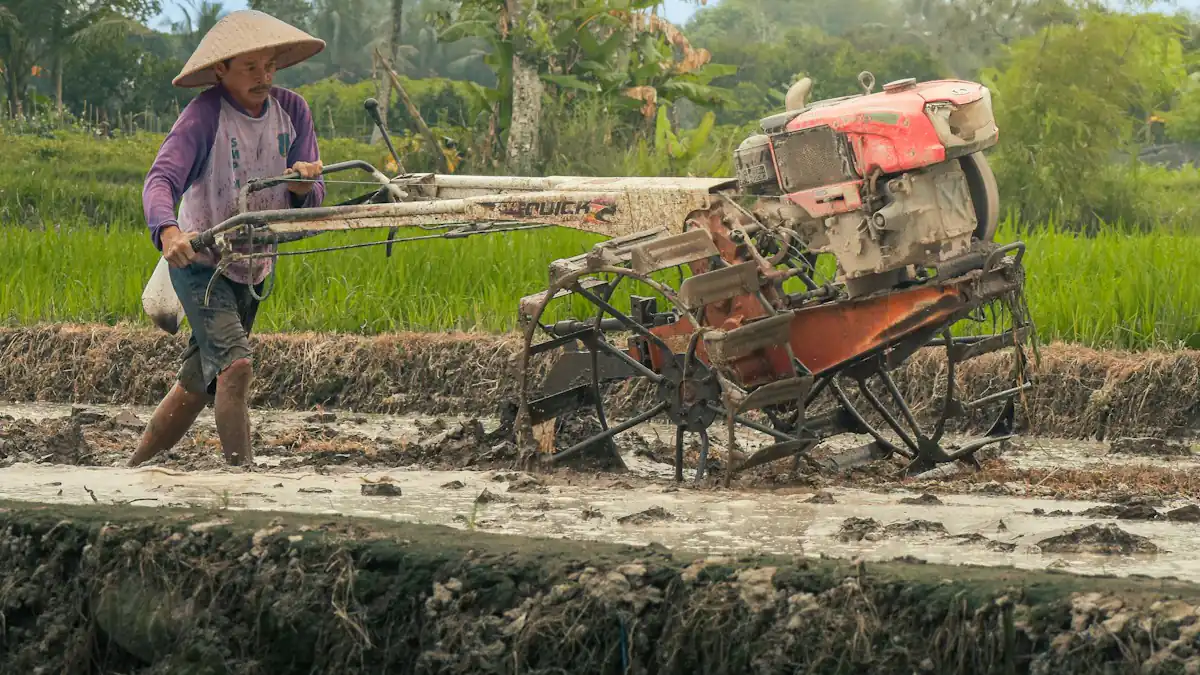 Petani dengan traktor tangan